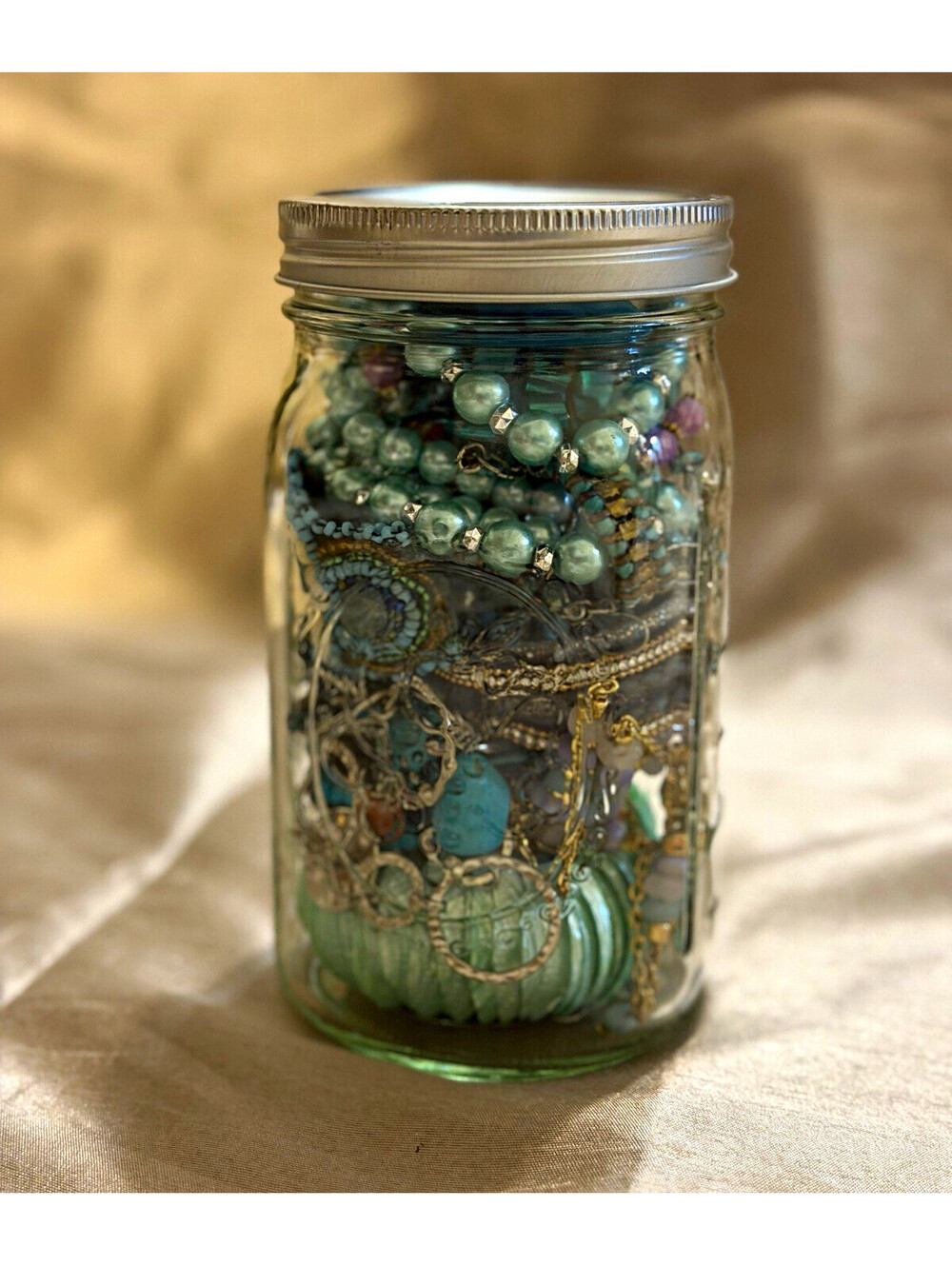 Mystery Jewelry Jar Bright and Happy shades of blue gold tone and silver tone